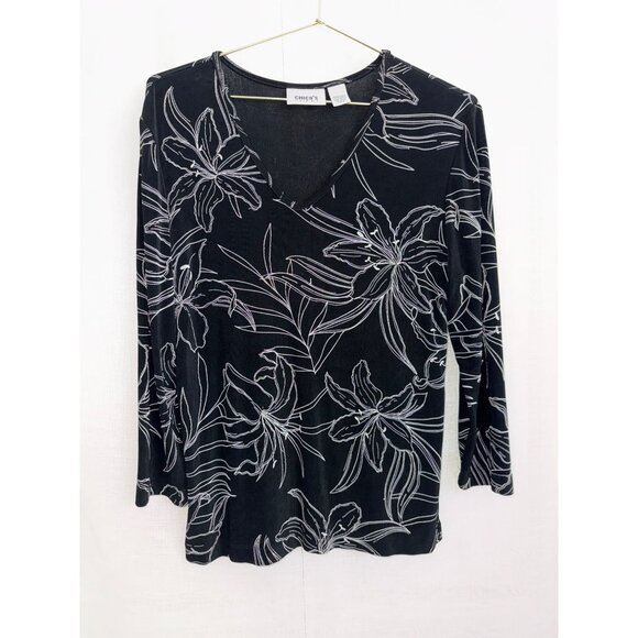 Chicos Travelers Black & White Floral V-Neck Top Size 0 Small - Picture 1 of 5
